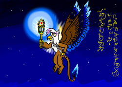 Size: 1024x732 | Tagged: safe, artist:horsesplease, gilda, angel, griffon, g4, colored wings, colored wingtips, constructed language, emerald, flying, gilda is an angel, halo, khopesh, lantern, mythology, night, rabydosverse, sarmelon day, sarmelonid, spinel, stars, sword, tail, tail of fire, vozolaz, vozonid, weapon, wings