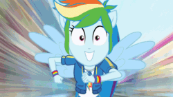 Size: 800x450 | Tagged: safe, screencap, rainbow dash, equestria girls, g4, my little pony equestria girls: better together, run to break free, animated, fast, gif, in air, ponied up, rainbow, rainbow dash is best facemaker, running, smiling, wide eyes
