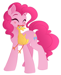 Size: 2939x3618 | Tagged: safe, artist:vetta, boneless, pinkie pie, earth pony, pony, dragonshy, g4, ^^, blushing, eyebrows, eyes closed, female, high res, hooves, mare, mouth hold, simple background, solo, standing, tail, white background