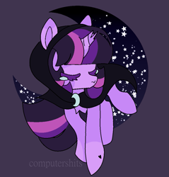 Size: 835x875 | Tagged: safe, artist:cutiesparke, twilight sparkle, pony, unicorn, fanfic:friendship is tragic, g4, broken horn, cloak, clothes, crying, eyes closed, female, floating, friendship is tragic (obabscribbler), hoof heart, horn, lightly watermarked, moon, simple background, solo, stars, unicorn twilight, watermark