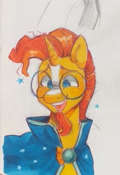 Size: 1416x2057 | Tagged: safe, artist:goulpaa, sunburst, pony, unicorn, g4, cape, clothes, glasses, male, marker drawing, open mouth, open smile, simple background, smiling, solo, stallion, traditional art, white background