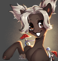 Size: 1924x2016 | Tagged: safe, artist:azaani, oc, oc only, earth pony, pony, bust, earth pony oc, female, looking at you, mare, mushroom, portrait, smiling, solo