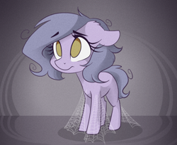 Size: 1280x1046 | Tagged: safe, artist:lolepopenon, oc, oc only, oc:billie, earth pony, pony, female, filly, floppy ears, foal, sad, solo, spider web