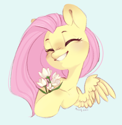 Size: 846x870 | Tagged: safe, artist:melodylibris, fluttershy, pegasus, pony, g4, blue background, bust, cute, eyes closed, female, flower, grin, happy, head tilt, hoof hold, mare, shyabetes, simple background, smiling, solo, spread wings, three quarter view, tulip, wings