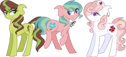 Size: 3071x1398 | Tagged: safe, artist:gallantserver, oc, oc only, oc:juniper leaf, oc:mellow wisp, oc:paris redheart, earth pony, pony, concave belly, female, male, mare, offspring, parent:aloe, parent:bulk biceps, parent:caramel, parent:hoity toity, parent:nurse redheart, parent:tree hugger, parents:aloebiceps, parents:caramelhugger, parents:hoityheart, simple background, stallion, transparent background