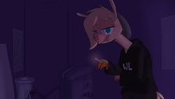 Size: 1584x892 | Tagged: safe, artist:hitsuji, oc, oc:shio (hitsuji), alpaca, anthro, them's fightin' herds, alley, beanie, clothes, cloven hooves, community related, dumpster, hat, hoodie, lol, missing poster, smoking, solo, tfh oc, trash can