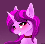 Size: 2919x2862 | Tagged: safe, artist:andaluce, oc, oc only, pony, unicorn, blushing, bust, collar, colt, ear fluff, femboy, gradient background, high res, lineless, male, smiling, solo