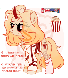 Size: 2070x2372 | Tagged: safe, artist:idkhesoff, oc, oc only, oc:salty sweet, pony, unicorn, belt, candy, chocolate, clothes, curved horn, ear piercing, earring, female, fishnet stockings, food, freckles, high res, horn, jewelry, kit-kat, mare, markings, nose piercing, nose ring, nostril piercing, piercing, popcorn, reference sheet, shirt, simple background, socks, solo, sweets, white background
