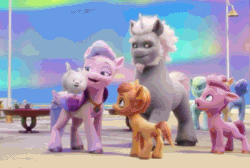 Size: 1103x741 | Tagged: safe, screencap, alphabittle blossomforth, cloudpuff, plucky pumpkin, queen haven, dog, earth pony, flying pomeranian, pegasus, pomeranian, pony, unicorn, g5, my little pony: a new generation, spoiler:my little pony: a new generation, animated, aurora borealis, beard, cheek rub, cheek squish, colt, facial hair, female, filly, foal, gif, happy, jewelry, laughing, male, mare, maretime bay, nodding, nuzzling, one eye closed, size difference, smiling, squishy cheeks, stallion, stare, unnamed character, unnamed pony, winged dog, wings, wink