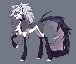 Size: 3013x2545 | Tagged: safe, artist:1an1, demon, demon pony, earth pony, hellhound, pony, blank flank, chest fluff, collar, crossover, ear fluff, fangs, female, gray background, grey hair, hellaverse, hellborn, hellhound pony, helluva boss, high res, long hair, looking back, loona (helluva boss), mane, pale belly, ponified, raised leg, red sclera, side view, simple background, solo, spiked collar, tail, teeth, white eyes