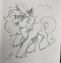 Size: 1999x2048 | Tagged: safe, artist:aarops, oc, oc only, oc:lucky, pony, unicorn, happy, looking at you, open mouth, smiling, solo, traditional art, unshorn fetlocks