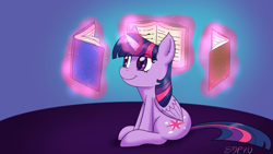 Size: 1920x1080 | Tagged: safe, artist:empyu, twilight sparkle, alicorn, pony, g4, book, glowing, glowing horn, horn, simple background, sitting, solo, twilight sparkle (alicorn)