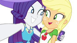 Size: 1280x720 | Tagged: safe, artist:marcoequestrian98, edit, edited screencap, screencap, applejack, rarity, camping must-haves, equestria girls, equestria girls series, g4, spoiler:eqg series (season 2), background removed, duo, female, looking at each other, looking at someone, not a vector, rarity peplum dress, simple background, smiling, smiling at each other, transparent background