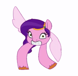 Size: 512x504 | Tagged: safe, artist:bunchedupletters, pipp petals, pegasus, pony, two legged creature, g5, adorapipp, adorawat, animated, clip, cursed image, cute, dancing, eat, female, grin, loop, no sound, not salmon, pippasprite, random, simple background, smiling, wat, webm, white background, wings, wtf