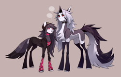Size: 4883x3121 | Tagged: safe, artist:1an1, bird, bird pone, demon, demon pony, hellhound, pony, bird demon, collar, crossover, duo, duo female, female, grey hair, hellaverse, hellborn, hellhound pony, helluva boss, long hair, loona (helluva boss), mane, mare, octavia (helluva boss), pale belly, ponified, red sclera, simple background, speech bubble, spiked collar, tail, teenager