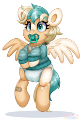 Size: 2535x3806 | Tagged: safe, artist:duckie, oc, oc:sun light, frog, pegasus, pony, bandaid, bandana, clothes, diaper, eye clipping through hair, eyebrows, eyebrows visible through hair, female, filly, floating, flying, foal, looking at you, pacifier, solo, sweater