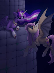 Size: 1024x1366 | Tagged: safe, artist:incendiarymoth, fluttershy, twilight sparkle, alicorn, bat pony, pony, g4, bat ponified, castle, coat markings, colored eartips, facial markings, female, flutterbat, lesbian, looking at each other, looking at someone, night, night sky, race swap, ship:twishy, shipping, sky, socks (coat markings), star (coat marking), twilight sparkle (alicorn)