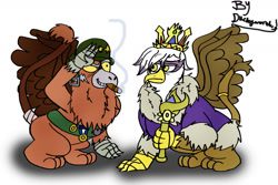 Size: 1280x857 | Tagged: safe, artist:duckyworth, gilda, oc, griffon, g4, cigar, crown, gilda is not amused, helmet, jewelry, queen gilda, regalia, salute, scepter, unamused