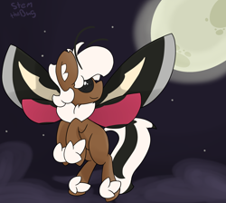 Size: 1900x1700 | Tagged: safe, artist:stemthebug, oc, oc only, oc:stem bedstraw, hybrid, insect, moth, mothpony, original species, pony, cloud, flying, insect wings, moon, solo, stars, wings