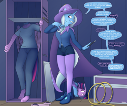 Size: 1294x1080 | Tagged: safe, artist:nudeknightart, trixie, twilight sparkle, alicorn, unicorn, anthro, plantigrade anthro, g4, barefoot, box, curtains, dialogue, disembodied head, feet, female, fetish, foot fetish, foot on face, headless, implied starlight glimmer, jewelry, lesbian, magic trick, modular, nervous, ring, ship:twixie, shipping, smiling, speech bubble, stage, stirrups, teasing, text, toes, twilight sparkle (alicorn)