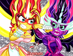 Size: 3900x3000 | Tagged: safe, artist:kamikiku, sci-twi, sunset shimmer, twilight sparkle, equestria girls, g4, my little pony equestria girls: friendship games, breasts, daydream shimmer, fight, high res, midnight sparkle