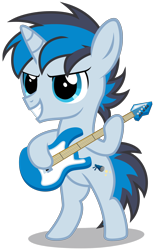 Size: 2000x3200 | Tagged: safe, artist:strategypony, oc, oc only, oc:solar gizmo, pony, unicorn, bipedal, colt, electric guitar, foal, full body, grin, guitar, high res, hoof hold, hooves, horn, male, musical instrument, shadow, show accurate, simple background, smiling, solo, standing, tail, transparent background, two toned mane, two toned tail, unicorn oc