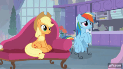 Size: 640x360 | Tagged: safe, screencap, applejack, rainbow dash, earth pony, pegasus, pony, g4, non-compete clause, season 8, animated, applejack's hat, cowboy hat, cute, dashabetes, duo, female, floppy ears, flying, frown, gif, gifs.com, hat, jackabetes, magic, mare, offscreen character, open mouth, sad, sadorable, school of friendship, spread wings, telekinesis, trophy, wings