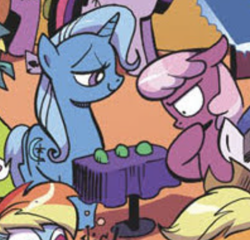 Size: 391x376 | Tagged: safe, artist:andypriceart, edit, idw, applejack, cheerilee, rainbow dash, trixie, twilight sparkle, earth pony, pegasus, pony, unicorn, g4, spoiler:comic, spoiler:comicm03, applejack's hat, bubble, comic, cowboy hat, cropped, duo focus, female, floppy ears, hat, horn, mare, shell game, smiling, table, thinking, unicorn twilight