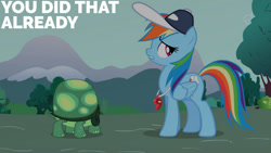 Size: 1280x720 | Tagged: safe, edit, edited screencap, editor:quoterific, screencap, rainbow dash, tank, pegasus, pony, tortoise, g4, may the best pet win, season 2, coach rainbow dash, duo, female, male, mare, rainbow dashs coaching whistle, text, whistle, whistle necklace