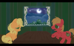 Size: 1280x800 | Tagged: safe, artist:kluzart, applejack, big macintosh, earth pony, pony, g4, colt big macintosh, cute, female, filly, filly applejack, jackabetes, male, sad, younger