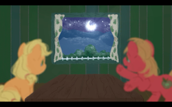 Size: 1280x800 | Tagged: safe, artist:kluzart, applejack, big macintosh, earth pony, pony, g4, colt big macintosh, female, filly, filly applejack, foal, male, moon, younger