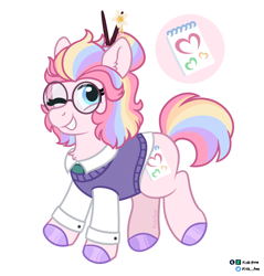 Size: 2100x2200 | Tagged: safe, artist:pink-pone, oc, oc:sketch book, pony, clothes, female, glasses, high res, mare, one eye closed, shirt, simple background, solo, sweater vest, white background, wink