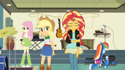 Size: 3410x1920 | Tagged: safe, screencap, applejack, fluttershy, rainbow dash, sunset shimmer, equestria girls, g4, my little pony equestria girls: friendship games, applejack's hat, belt, boots, clothes, cowboy boots, cowboy hat, cutie mark on clothes, denim skirt, drums, electric guitar, eyes closed, female, guitar, hat, high res, jacket, leather, leather jacket, musical instrument, shoes, skirt, smiling