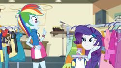 Size: 3410x1920 | Tagged: safe, screencap, rainbow dash, rarity, equestria girls, friendship games, g4, clothes, cutie mark on clothes, duo, duo female, female, hairpin, high res, open mouth, smiling