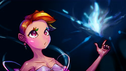 Size: 4942x2780 | Tagged: safe, artist:alexsavenije, part of a set, rainbow dash, human, g4, 16:9, collarbone, colored eyelashes, female, humanized, looking at something, mage, magic, no eyebrows, solo, sorceress, strapless