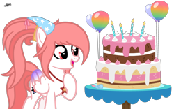 Size: 2726x1700 | Tagged: safe, artist:princessmoonsilver, oc, oc:fire lynk, pegasus, pony, balloon, cake, candle, female, folded wings, food, frosting, hat, hoof on chest, jewelry, looking at something, mare, necklace, open mouth, party hat, signature, simple background, solo, table, transparent background, wings