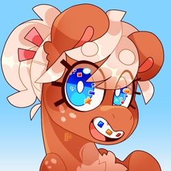 Size: 2048x2048 | Tagged: safe, artist:cocopudu, oc, oc only, oc:snickerdoodle (cocopudu), earth pony, pony, braces, bust, chest fluff, eye clipping through hair, female, freckles, gradient background, high res, looking at you, mare, open mouth, open smile, smiling, smiling at you, solo, white pupils, wingding eyes