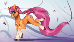 Size: 3840x2160 | Tagged: safe, artist:tenebrisnoctus, sunny starscout, earth pony, pony, g5, 4k, abstract background, beautiful, coat markings, concave belly, female, high res, long mane, long tail, mare, open mouth, open smile, running, slender, smiling, socks (coat markings), solo, tail, thin, unshorn fetlocks