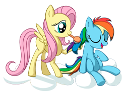 Size: 1502x1129 | Tagged: safe, artist:reconprobe, fluttershy, rainbow dash, pegasus, pony, g4, brushing, cloud, female, filly, filly fluttershy, filly rainbow dash, simple background, transparent background, younger
