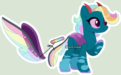 Size: 620x386 | Tagged: safe, artist:stormcloud-yt, oc, oc only, oc:camilia, changeling, changepony, hybrid, pony, base used, interspecies offspring, multicolored hair, offspring, parent:pharynx, parent:rainbow dash, rainbow hair, raised hoof, simple background, solo