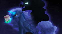 Size: 1024x575 | Tagged: safe, artist:stormcloud-yt, princess luna, pony, shadow pony, g4, crying, ethereal mane, glowing, glowing horn, horn, laughing, magic, starry mane, telekinesis