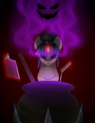 Size: 1950x2510 | Tagged: safe, artist:stormcloud-yt, oc, oc only, pony, unicorn, book, cauldron, corrupted, female, horn, mare, offspring, parent:flash sentry, parent:twilight sparkle, parents:flashlight, unicorn oc