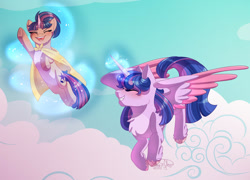 Size: 1024x738 | Tagged: safe, artist:stormcloud-yt, twilight sparkle, oc, alicorn, pony, unicorn, g4, cape, chest fluff, clothes, cloud, colored wings, duo, female, filly, flying, foal, glowing, glowing horn, grin, horn, levitation, magic, mare, offspring, parent:flash sentry, parent:twilight sparkle, parents:flashlight, smiling, telekinesis, twilight sparkle (alicorn), two toned wings, unicorn oc, wings