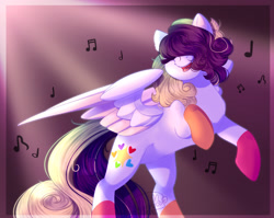 Size: 2895x2307 | Tagged: safe, artist:stormcloud-yt, oc, oc only, pegasus, pony, coat markings, hair over eyes, high res, magical lesbian spawn, music notes, offspring, parent:coloratura, parent:songbird serenade, pegasus oc, rearing, singing, socks (coat markings)