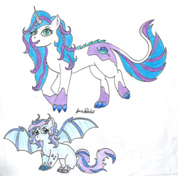 Size: 1434x1419 | Tagged: safe, artist:monse2001, oc, oc only, dracony, hybrid, pony, bat wings, duo, interspecies offspring, offspring, parent:rarity, parent:spike, parents:sparity, story included, traditional art, wings