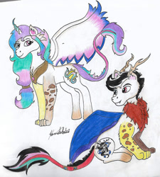 Size: 1328x1474 | Tagged: safe, artist:monse2001, oc, oc only, draconequus, hybrid, draconequus oc, female, interspecies offspring, male, offspring, parent:discord, parent:princess celestia, parents:dislestia, signature, simple background, traditional art, white background