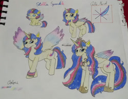 Size: 2340x1813 | Tagged: safe, artist:monse2001, oc, oc only, oc:stella sparkle, alicorn, pony, age progression, alicorn oc, ethereal mane, hoof shoes, horn, offspring, parent:comet tail, parent:twilight sparkle, parents:cometlight, spread wings, starry mane, traditional art, wings