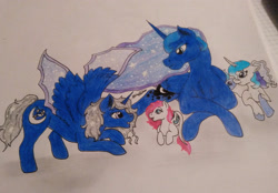 Size: 2935x2043 | Tagged: safe, artist:monse2001, oc, oc only, oc:midnight song, oc:pandora, oc:silver moonlight, alicorn, bat pony, dracony, dragon, hybrid, pony, alicorn oc, base used, bat pony oc, concave belly, female, filly, foal, half-siblings, high res, horn, hybrid wings, interspecies offspring, lying down, offspring, parent:oc:artemis, parent:oc:onix, parent:princess luna, parents:canon x oc, prone, traditional art, wings