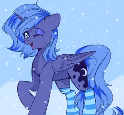 Size: 1421x1319 | Tagged: safe, artist:kadzumiisayu, princess luna, alicorn, pony, clothes, looking at you, one eye closed, open mouth, open smile, s1 luna, smiling, snow, snowfall, socks, solo, striped socks, wink