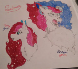 Size: 2591x2314 | Tagged: safe, artist:monse2001, oc, oc only, oc:pandora, dracony, dragon, hybrid, pony, bust, chest fluff, duo, ethereal mane, female, high res, interspecies offspring, offspring, parent:oc:onix, parent:princess luna, parents:canon x oc, starry mane, traditional art
